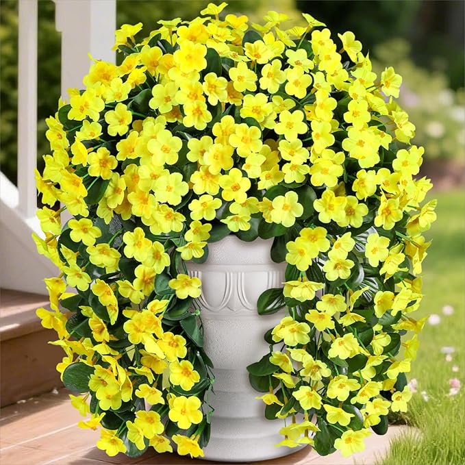 Artificial Faux Hanging Plants Flowers for Outdoor Winter Christmas Decor, 2 PCS Fake Silk Yellow Daisy Long Vines Orchid UV Resistant Realistic Mums for Outside Home Porch Patio Balcony Planter