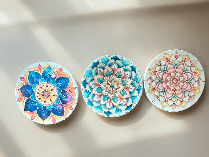 Mandala Ceramic Absorbent Coasters Set of 6 with Holder, Marble Drink Coasters for Coffee Table, Water Absorbing Coaster (Boho)