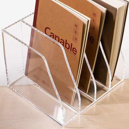 Acrylic Magazine File Holder, 4 Vertical Compartments Desk Document Sorter Organizer, Clear Folder Rack Binder for Office, Documents, Tablets, Magazines, Books – Home/Classroom Rack