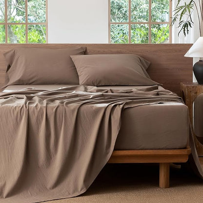 MooMee Bedding Sheet Set 100% Washed Cotton Linen Like Textured Breathable Durable Soft Comfy (Solid Brown, King)