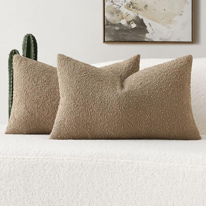 FUTEI Pack of 2 Khaki Decorative Throw Pillow Covers 12x20 Inch Soft Cozy Solid Boucle Textured Lumbar Pillow Cases,Modern Home Decor for Couch Bed Living Room