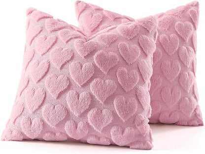 decorUhome Valentine’s Day Soft Plush Throw Pillow Covers 20x20 Inch Set of 2, Faux Fur Pink Heart Decoration Neutral Square Pillow Covers for Couch Sofa Bed Cozy Farmhouse Holiday Decor