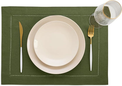 Solino Home Linen Cloth Placemats Set of 4-100% Pure Linen Hemstitch Olive Placemats 14 x 19 Inch - Classic Hemstitch Table Place Mats for New Year