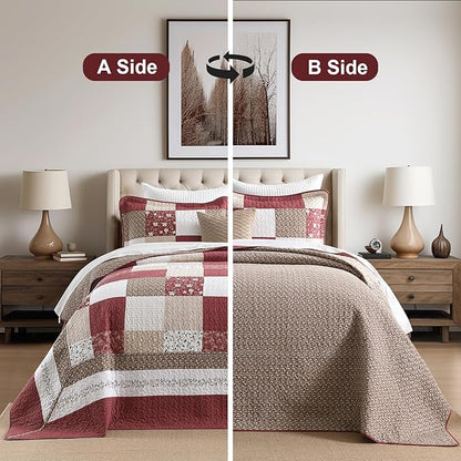 100% Cotton Oversized King Bedspread 120"x120" - Lightweight Vintage Country Quilt - 3 Piece California King Bedspreads Coverlet Set - Reversible Plaid Floral Bedding in Burgundy/Beige/Taupe/White