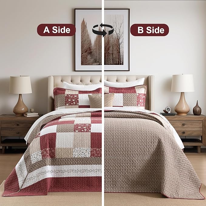 100% Cotton Oversized King Bedspread 128"x120" - Lightweight French Vintage Country Quilt - 3 Piece Super King Bedspreads Coverlet Set - Reversible Plaid Floral Bedding in Burgundy/Beige/Taupe/White