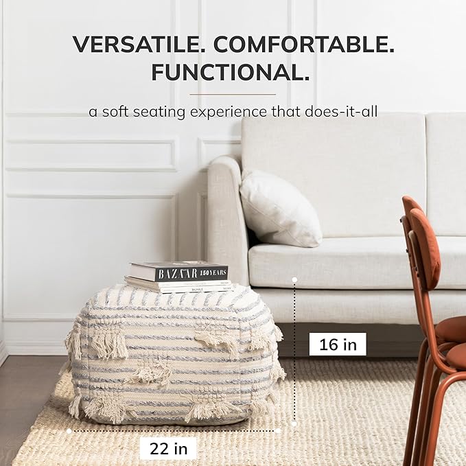 Anji Mountain 100% Handmade & Handcrafted Comfortable Home Décor Pouf Ottoman Footrest for Living Room, Bedroom, Nursery, Kidsroom, Patio Furniture - (22" x 22" x 16"- Gray,Beige)