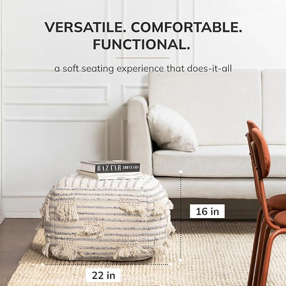Anji Mountain 100% Handmade & Handcrafted Comfortable Home Décor Pouf Ottoman Footrest for Living Room, Bedroom, Nursery, Kidsroom, Patio Furniture - (22" x 22" x 16"- Gray,Beige)