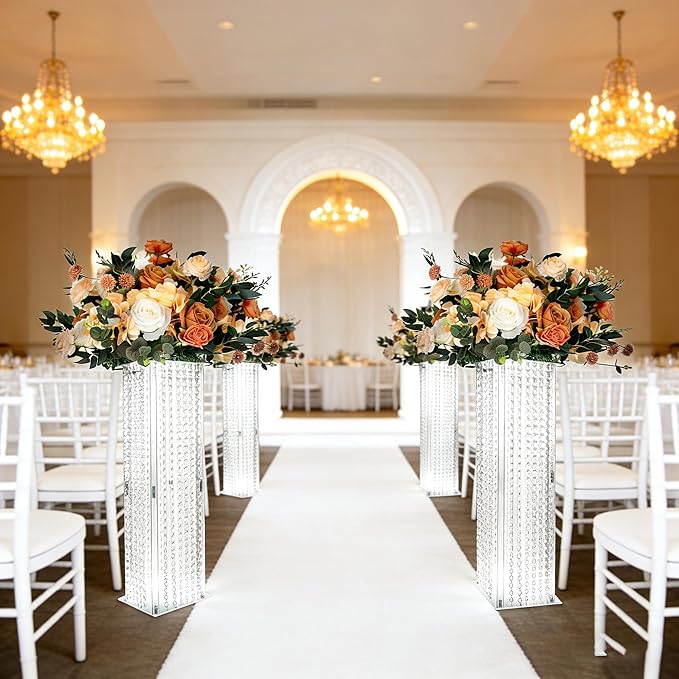 2 Pcs Wedding Centerpieces Table Acrylic Vases with Chandelier Crystal - 31.5in Tall Clear Rectangular Flower Stand Geometric Flower Centerpiece Vase Party Tables Decorations
