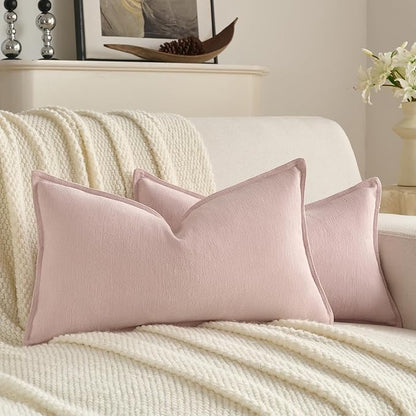 FUTEI Pink Chenille Throw Pillow Covers 12x20 Inch Set of 2,Edges Double-Stitched Lumbar Pillow Cases,Modern Home Decor for Couch Living Room