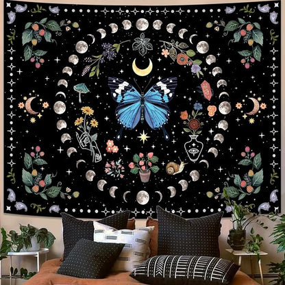 Aipon Blue Butterfly Moon Flower Tapestry Botanical Boho Plant Floral Tapestry for Bedroom Aesthetic Hippie Vintage Tapestries Wall Hanging for Living Room Dorm (68.00" x 90.00", Blue)