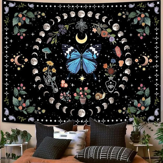 Aipon Blue Butterfly Moon Flower Tapestry Botanical Boho Plant Floral Tapestry for Bedroom Aesthetic Hippie Vintage Tapestries Wall Hanging for Living Room Dorm (68.00" x 90.00", Blue)
