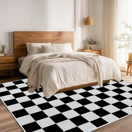 Black and White Checkered Rug for Living Room, 4x6 Area Rugs, Checkered Area Rug, Geometric Plaid Large Rugs, Washable Non Slip Retro Carpet Home Floor Decor