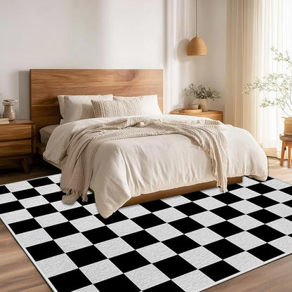 Black and White Checkered Rug for Living Room, 6x8 Area Rugs, Checkered Area Rug, Geometric Plaid Large Rugs, Geometrical Washable Non Slip Retro Grid Carpet Home Floor Decor