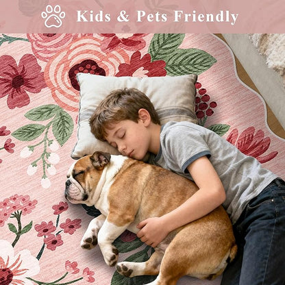 DUKINO 2.6x8 Runner Rug for Hallway, Washable Kitchen Rug with Non Slip Backing & Non-Shediing, Soft Low Pile Floral Design Runner for Bedroom, Kithchen, Living Room, Laundry, Bathroom, Pink