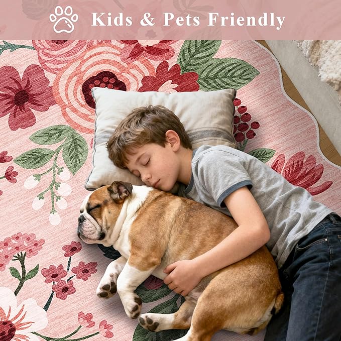 DUKINO 3x5 Area Rug, Floral Non-Slip Indoor Washable Rug with Low Pile & Non-Shedding, Lightwight Boho Design Carpet for Entryway, Bedroom, Kids Room, Living Room, Kitchen, Pink