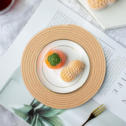 Round Woven Placemats Set of 8 Heat Resistant Placemats 13.5 Inches Farmhouse Cotton Rope Place Mats for Dining Tables Trivets for Hot Dishes, Brown