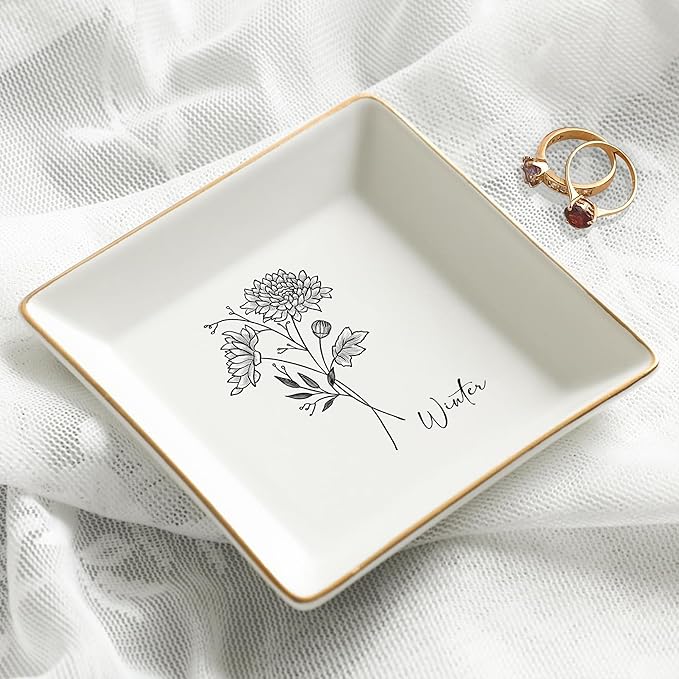 Gossby Personalized Jewelry Tray - Gift for Women, Mom, Friend with Birth Month Flower, Name - Ceramic Trinket Tray, Dish, Plate for Ring, Earring, Bracelet - Gift Mothers Day, Birthday, Christmas V4