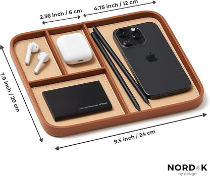 Nordik Leather Valet Tray - Sand Brown - 9.5 x 7.9 Inch Medium Vegan Leather Tray - Stylish Nightstand Organizer for Men - Modern Bedside Caddy - EDC Catchall for Key Watch Wallet Jewellery