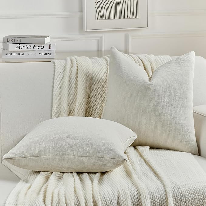 FUTEI Cream Chenille Decorative Throw Pillow Covers 24x24 Inch Set of 2,Soft Cozy Faux Linen Textured European Pillow Shams,Farmhouse Home Decor for Couch Living Room