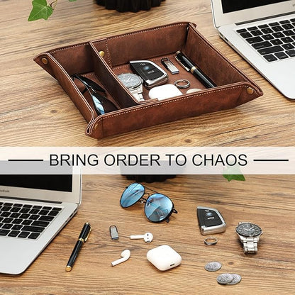 SITHON Valet Tray Desktop Storage Organizer, Removable 2 Compartments Catchall Tray Bedside Vanity Nightstand Caddy Holder Desk Storage Plate, Brown