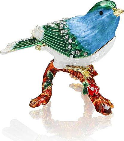 YU FENG 3.1inch Blue Bird on a Branch Trinket Box Small Hinged Trinket Boxes Bird Enamel Jewelry Trinket Box Animal Figurine Ring Box Christmas Gift for Daughter Girl Women