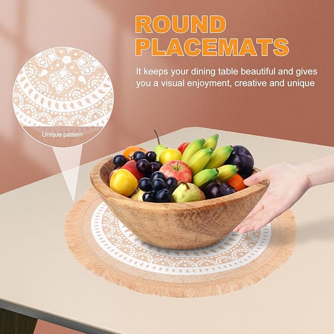 Tassel Mandala Round Placemats Set 3Pcs, Jute Fabric Woven Dining Table Placemats, Heat Resistant Macrame Place Mats for Farmhouse Kitchen and Indoor Table Decor