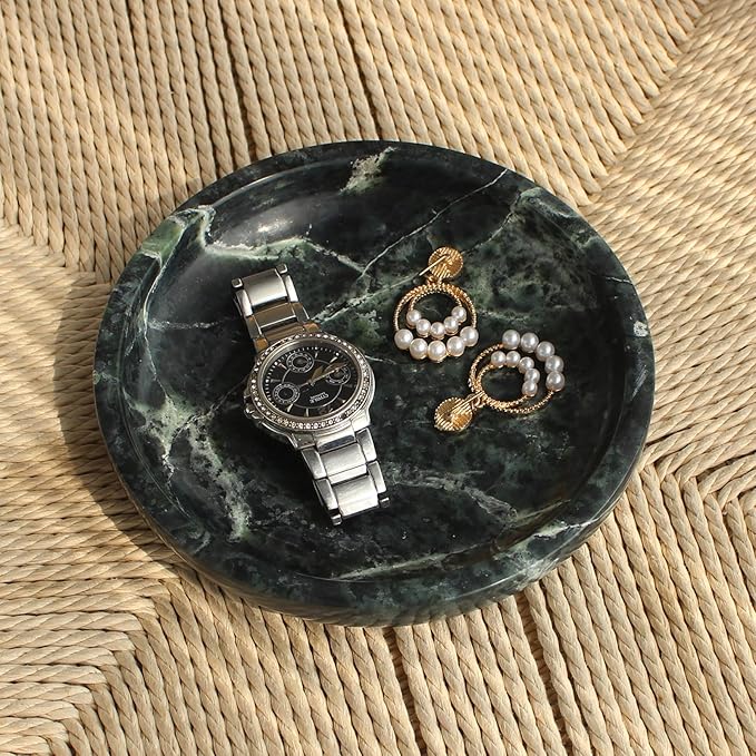 Natural Marble Travertine Ring Dish Jewelry Tray 5.5" for Women, Marble Trinket Dish for Key Earring Nightstand, Mother's Day Engagement Birthday Gift - Verde Guatemala