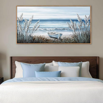 AJAZIKO Beach Vintage Wall Decor Pictures for Living Room Coastal Artwork for Walls Ocean Bedroom Wall Decor Above Bed Landscape Beach Canvas Wall Art Featuring Boat, Farmhouse, Seascape 20×40IN