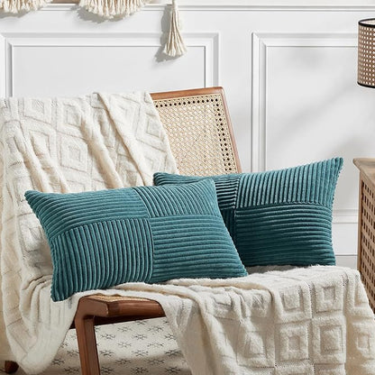 Fancy Homi 2 Packs Teal Long Lumbar Decorative Throw Pillow Covers 16x24 Inch for Couch Bed Sofa, Rustic Farmhouse Boho Home Decor, Soft Striped Corduroy Rectangle Accent Cushion Case 40x60 cm