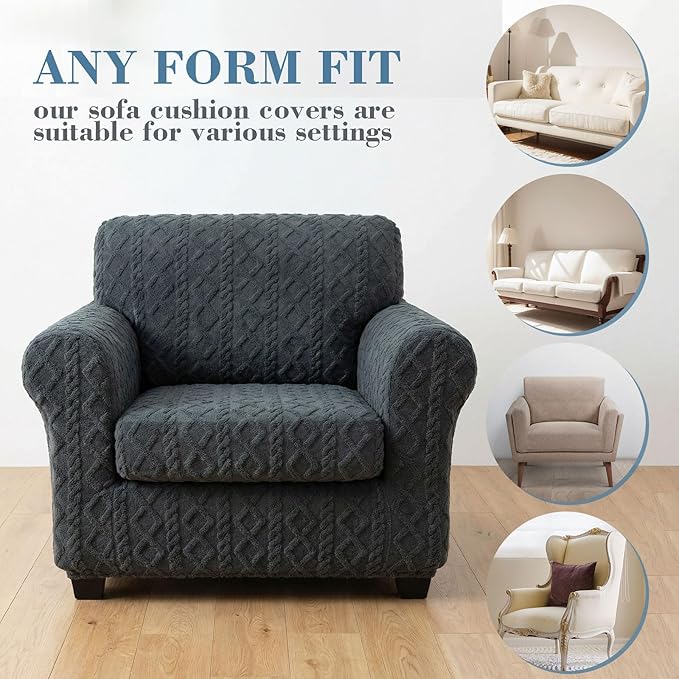 3 Pcs Jacquard Couch Cushion Covers for Sofa Stretch Plush Soft Seat Cover Washable Sofa Slip Covers with Elastic Bottom Modern Boho Furniture Protector for Sectional Slipcovers(Dark Gray)
