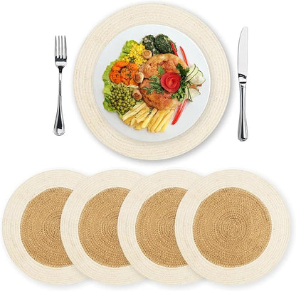 Eco Crave Jute Round Placemats Set of 4 – Hand Woven Natural Beige Jute with White Rim, 13 Inch Farmhouse Rustic Dining Drawstring Table Mats, Wicker Heat Resistant Durable Eco-Friendly Table Decor