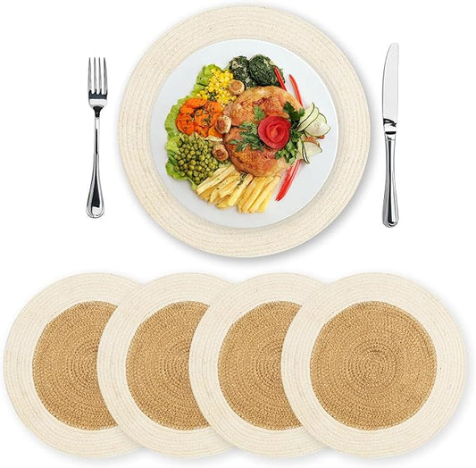 Eco Crave Jute Round Placemats Set of 4 – Hand Woven Natural Beige Jute with White Rim, 13 Inch Farmhouse Rustic Dining Drawstring Table Mats, Wicker Heat Resistant Durable Eco-Friendly Table Decor