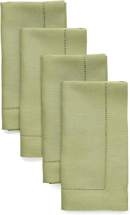 Solino Home Linen Napkins Set of 4 - Classic Hemstitch 100% Pure Linen Moss Green Dinner Napkins Cloth 20 x 20 Inch for Winter - Handcrafted and Machine Washable