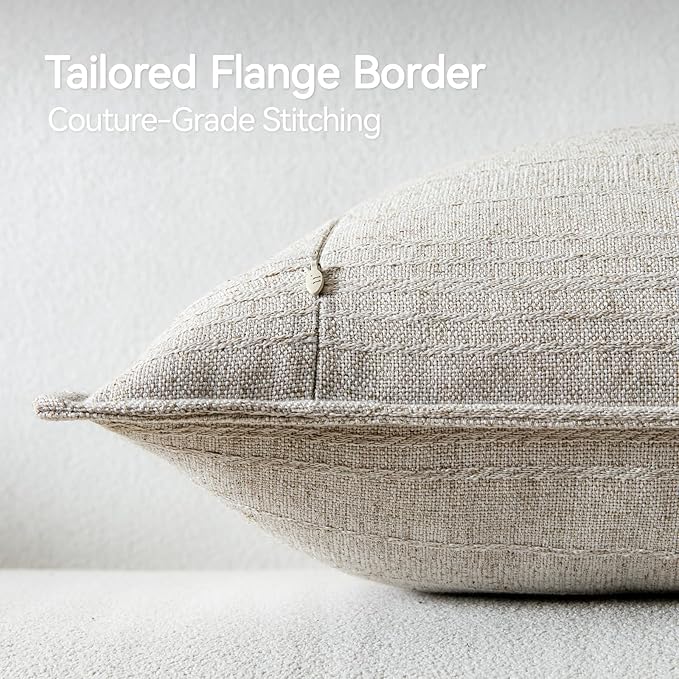a moment Linen Pillow Covers Set of 2,Boho Farmhouse Throw Pillowcases Neutral Textured Decorative Covers for Couch Sofa, Linen Blend Accent Case Cushion Living Room Home Decor 26"x26" Beige Grey