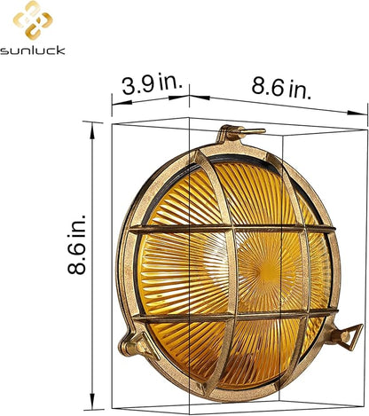 Sunluck Brass Bulkhead Light,Grid Round Nautical Wall Light,Lampshade,Ceiling Mount Lighting,Brass Sauna Light Waterproof IP65,Rust Resistant,for Wet Location Bath,Seaside,Ship,Basement,Garage