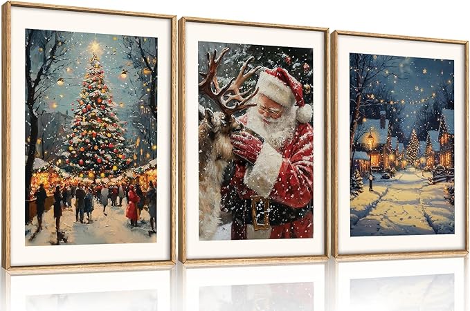 Aryroi Large Enchanting Christmas Framed Canvas Wall Art Set,Santa Claus Reindeer Wall Decor,Magical Glowing Christmas Tree Artwork,Winter Snowy Village Art Print for Living Room,Bedroom- 24"x36"x3