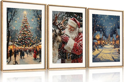 Aryroi Large Enchanting Christmas Framed Canvas Wall Art Set,Santa Claus Reindeer Wall Decor,Magical Glowing Christmas Tree Artwork,Winter Snowy Village Art Print for Living Room,Bedroom- 24"x36"x3