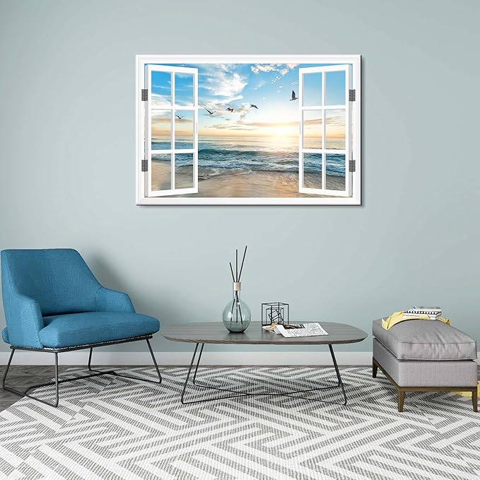 Goldfoilart Ocean Beach Sunset Window Canvas Wall Art for Bedroom Seagull Seascape Paintings Coastal Picture Framed Artwork for Bathroom Living Room Office Decor 36" x 24"