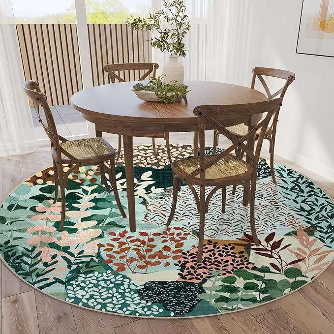 DEXDE Round Rug 5ft Washable Circle Area Rugs, Non Slip Low Pile Boho Floral Large Circular Carpet for Bedroom Bathroom Entryway Kids Room Office Dining Room, Dark Green