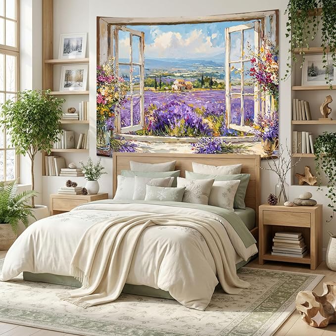 Lifeel Lavender Field Tapestry, Flower Aesthetics Landscape Window Tapestries, Romantic Home Decor for Living Room Bedroom, 44x60 inches