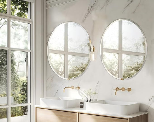 Frameless Round Wall Mirror: Decorative Mirrored Glass Vanity with Beveled Silver Edge for Bathroom Bedroom Livingroom Dining Room Entryway Hallway, 24 x 24 inch
