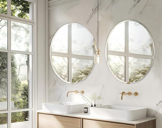 Frameless Round Wall Mirror: Decorative Mirrored Glass Vanity with Beveled Silver Edge for Bathroom Bedroom Livingroom Dining Room Entryway Hallway, 32 x 32 inch
