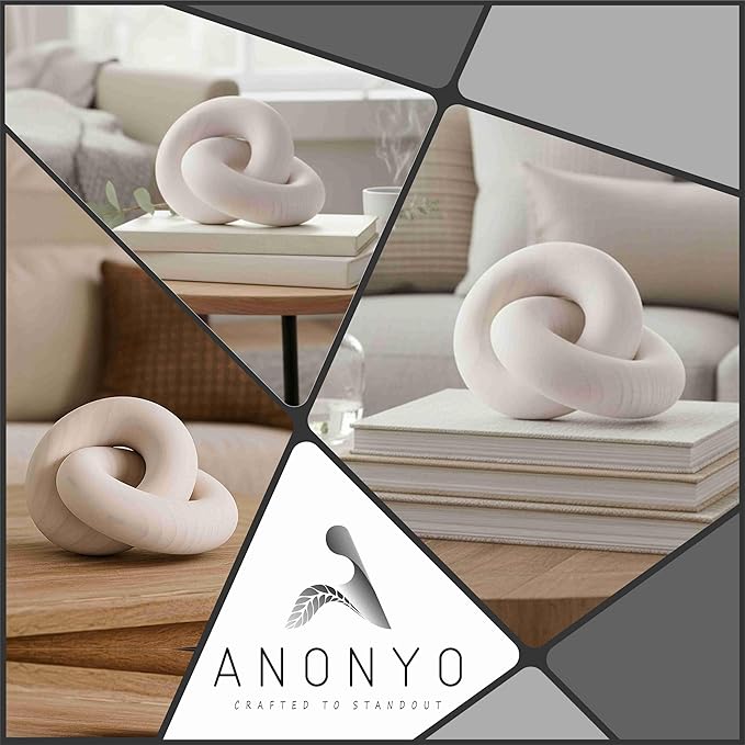 Boho Wooden 2 Chain Links Decorative Object for Coffee Table & Shelf Matte Finish | Pine Wood Knot Sculpture | Rustic Modern Arch Décor for Living Room, Entryway, Console,Office Home (White)