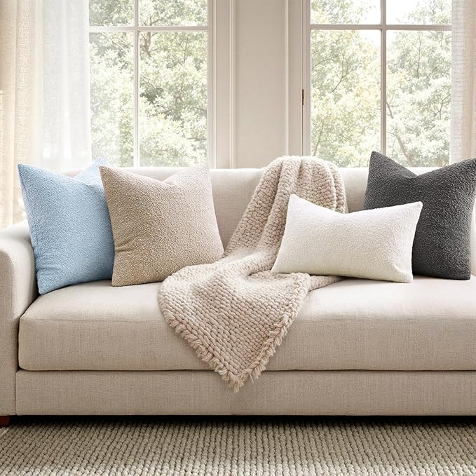Woaboy Pack of 2 18x18 Inch Decorative Boucle Throw Pillow Covers Textured Square Pillowcaes Accent Solid Cozy Soft Cushion Covers Home Decor for Sofa Couch Living Room Home Decor,Coastal Light Blue