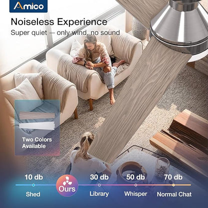 Amico Ceiling Fans with Lights, 52 inch Low Profile Ceiling fan with Light and Remote Control, Flush Mount, Reversible, 3CCT, Dimmable, Noiseless, Nickel Ceiling Fan for Bedroom, Indoor/Outdoor Use