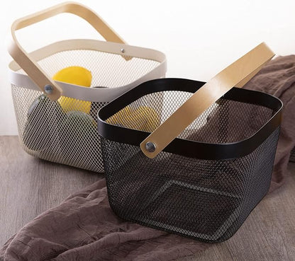 IBWell Square Metal Wire Woven Fruit Storage Bowl Basket with Wooden Handle, Large Black Mesh Fruit Stand, Multi-function Hanging Kitchen Baskets (White, Normal 4PCS)