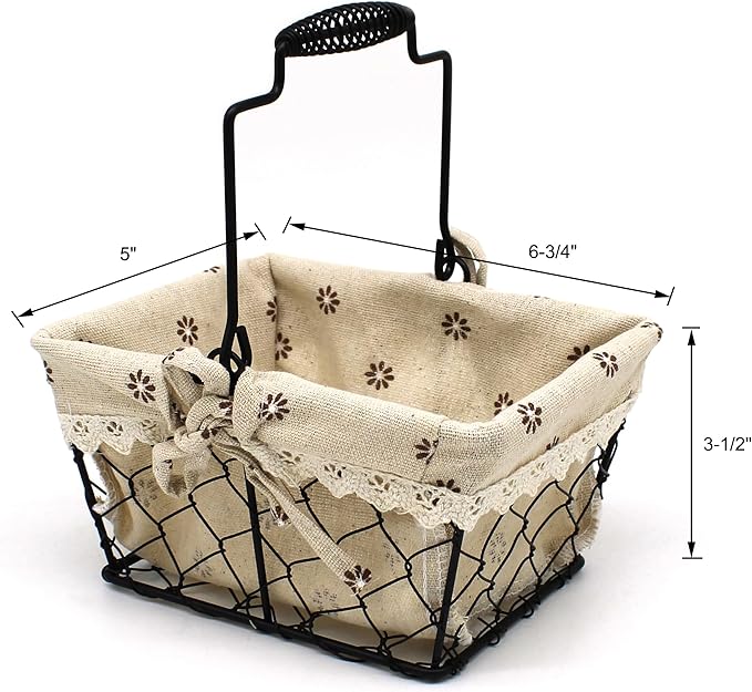 CVHOMEDECO. Primitives Country Chicken Wire Small Gift Baskets Gathering Baskets with Swing Handle and Fabric Liner. Set of 2 (Rectangular)