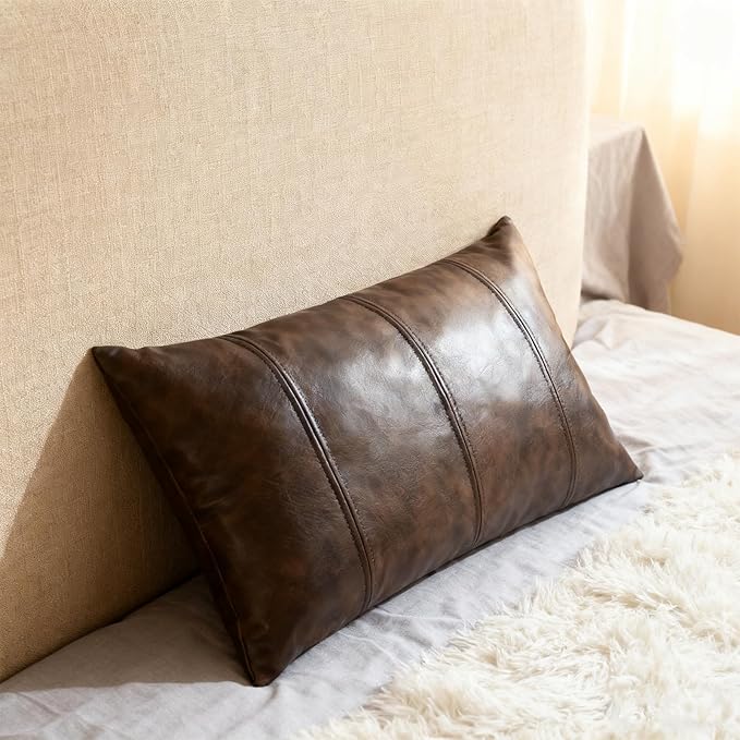 Faux Leather Throw Pillow Covers 12X20 Inch Set of 2 Outdoor Modern Farmhouse Solid Decorative Pillow Covers for Room Couch Living Bedroom Bed Sofa