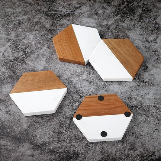 Wood Marble Coasters for Drinks, Modern Rustic Acacia Hexagon Coaster Set Decorative Bar Coaster for Living Room Coffee Wooden Table Beer Mug Christmas Housewarming Wedding Home Decor 4Pcs