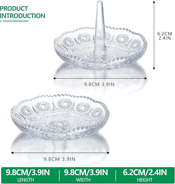Set of 2 Crystal Ring Holder Dish for Women Clear Glass Jewelry Dish Tray for Rings Earrings Necklace Organizer Elegant Engagement, Anniversary, Christmas Gifts